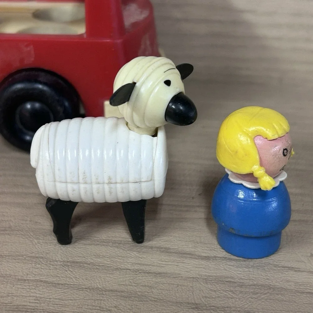 Classic Vtg Fisher Price Little People Car Mini-Bus Wood Girl Lamb 4 Piece Lot